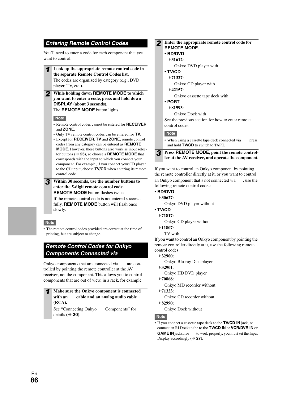 Entering remote control codes, Onkyo components connected via, E “entering remote control codes” f | See “entering remote control codes” for details | Onkyo TX-NR1008 User Manual | Page 86 / 104