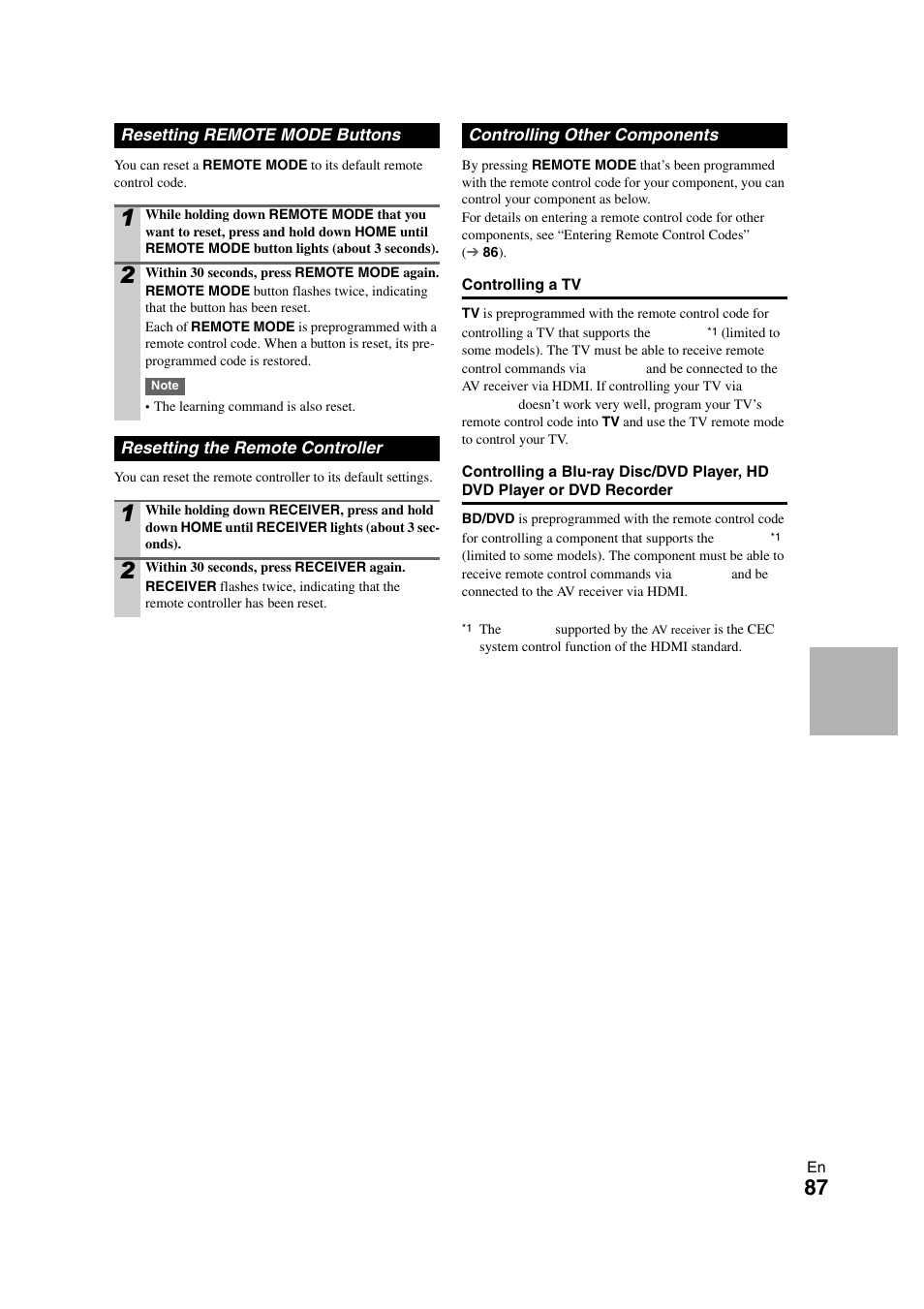 Resetting remote mode buttons, Resetting the remote controller, Controlling other components | Y disc player, Cd player | Onkyo TX-NR1008 User Manual | Page 87 / 104