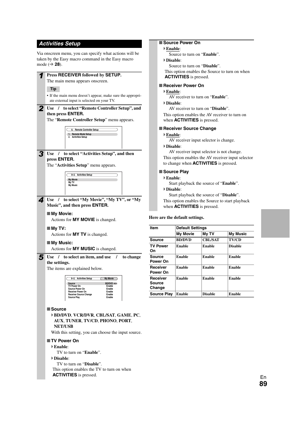 Activities setup, Remote control actions | Onkyo TX-NR1008 User Manual | Page 89 / 104