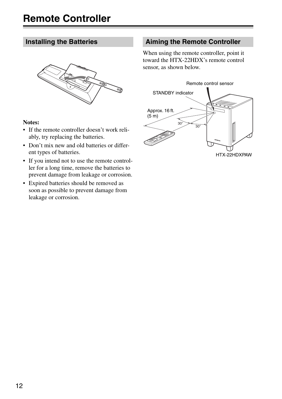 Remote controller, Installing the batteries, Aiming the remote controller | Onkyo HTX-22HDX User Manual | Page 12 / 56
