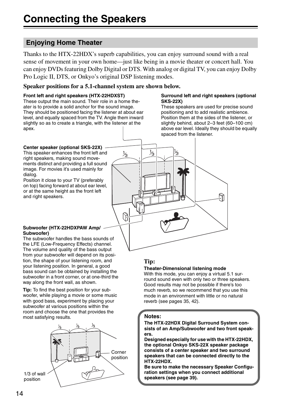 Connecting the speakers, Enjoying home theater, Connections | Onkyo HTX-22HDX User Manual | Page 14 / 56