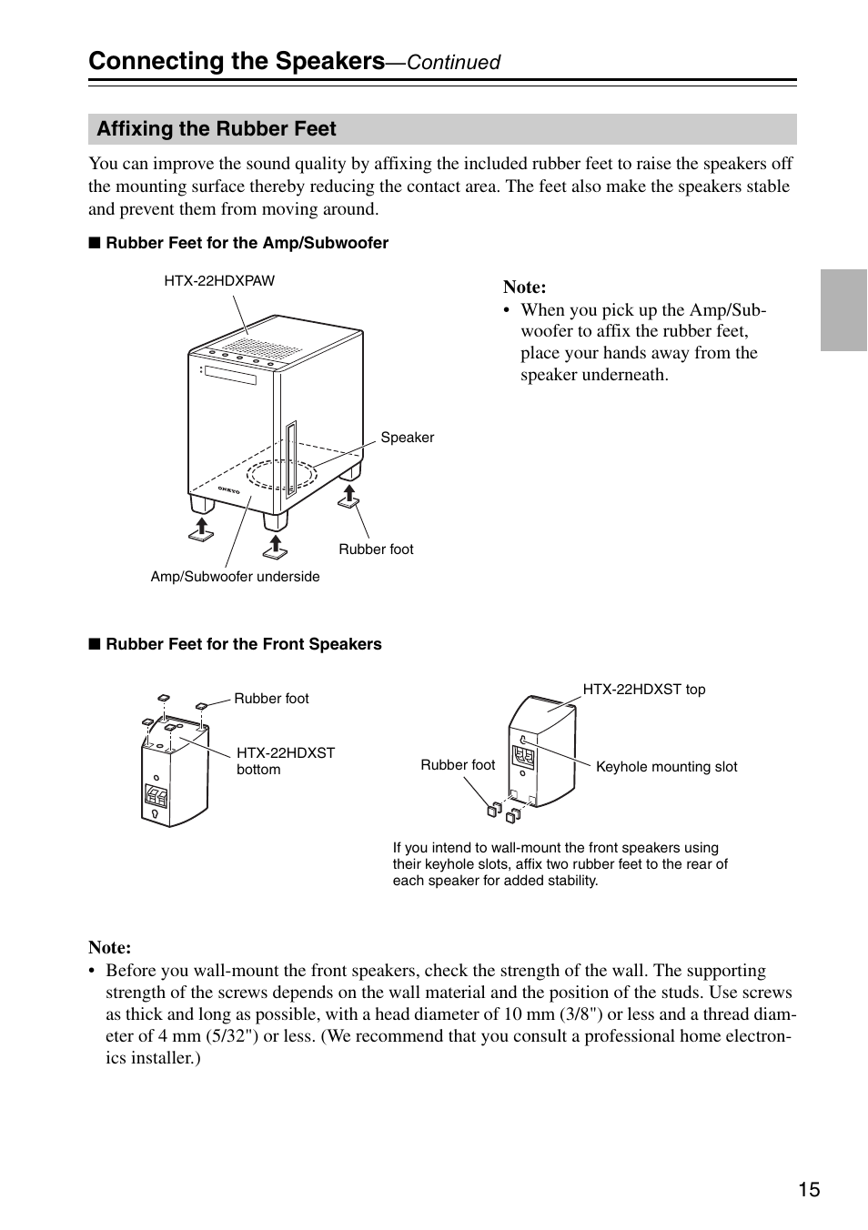 Affixing the rubber feet, Connecting the speakers, Continued | Onkyo HTX-22HDX User Manual | Page 15 / 56