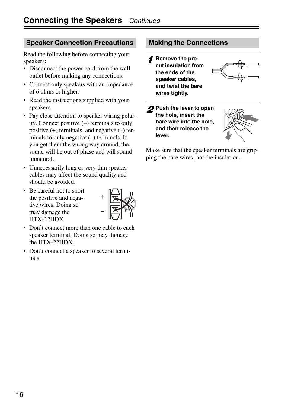 Speaker connection precautions, Making the connections, Connecting the speakers | Onkyo HTX-22HDX User Manual | Page 16 / 56