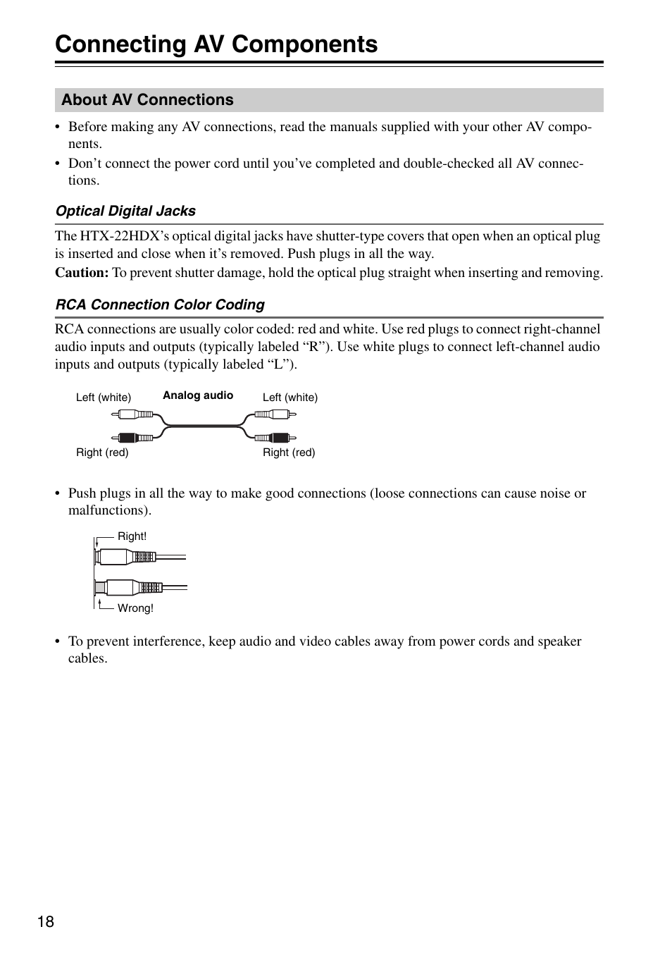 Connecting av components, About av connections | Onkyo HTX-22HDX User Manual | Page 18 / 56