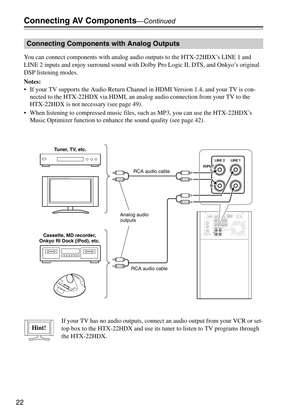 Connecting components with analog outputs, Connecting components with, Analog outputs | D line 2 input (22), Connecting av components, Continued, Hint | Onkyo HTX-22HDX User Manual | Page 22 / 56