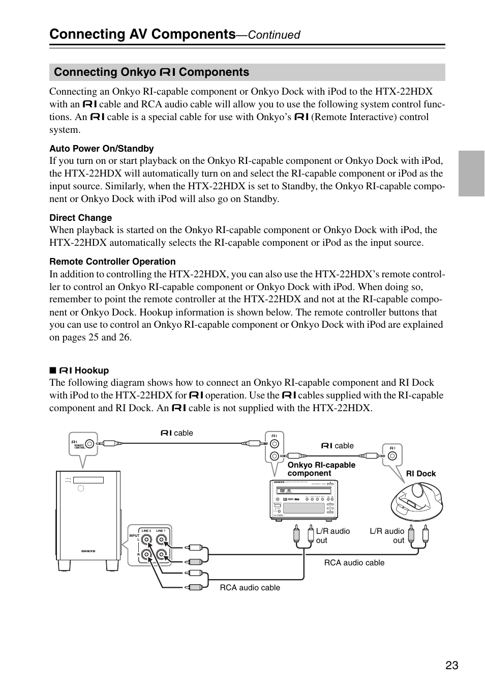 Connecting onkyo r components, Connecting onkyo  components, Connecting av components | Continued | Onkyo HTX-22HDX User Manual | Page 23 / 56