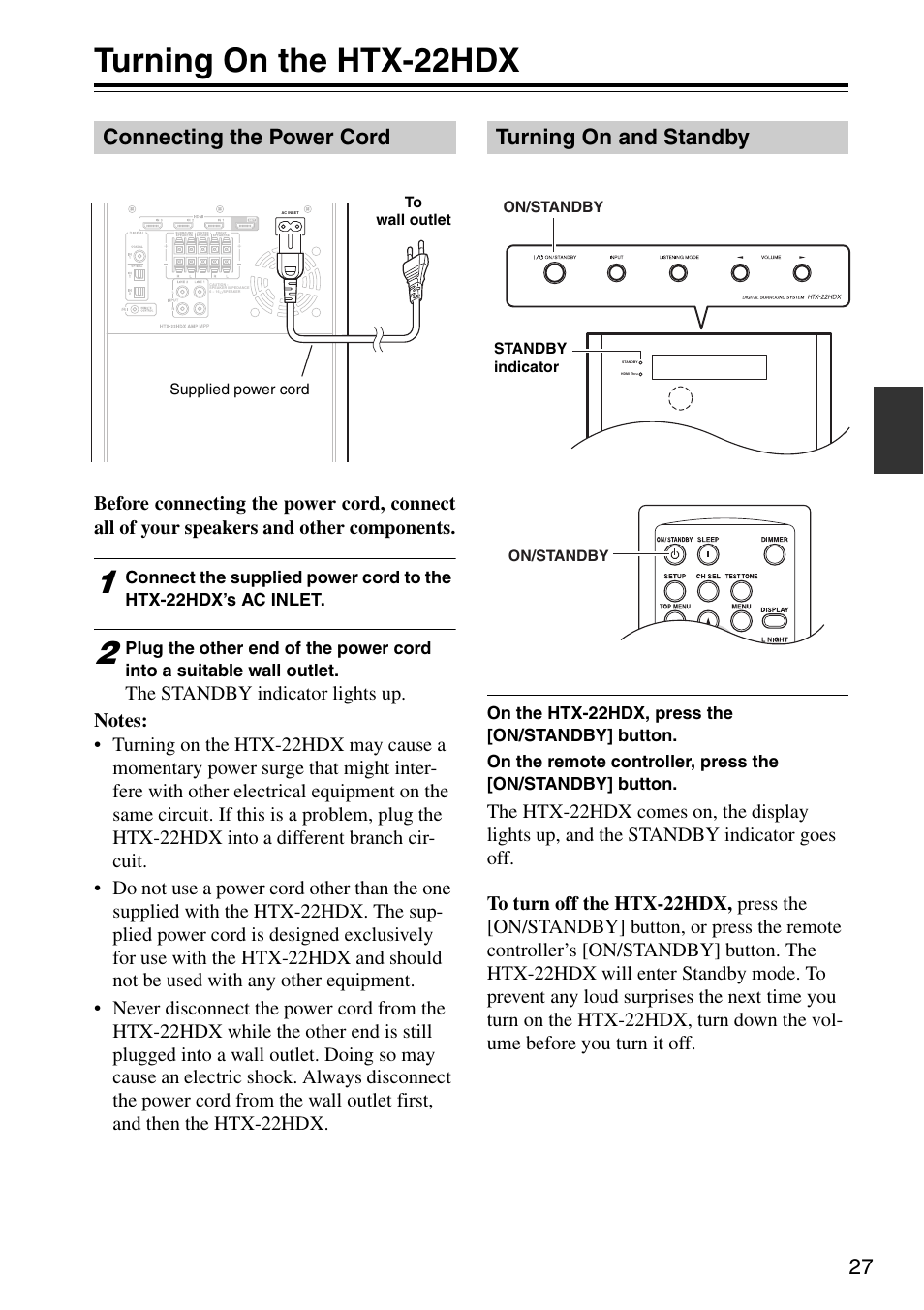 Turning on the htx-22hdx, Connecting the power cord, Turning on and standby | Turning on, Connecting the power cord turning on and standby, Tton (27), Tor (red) (27), Inlet (27) | Onkyo HTX-22HDX User Manual | Page 27 / 56