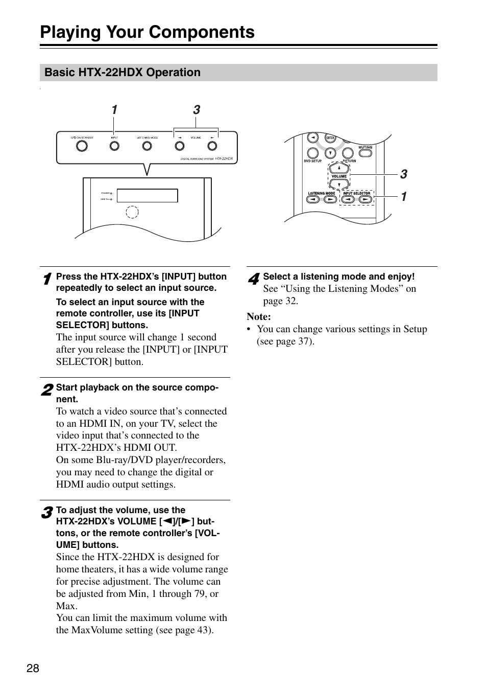 Playing your components, Basic htx-22hdx operation, Playing your av components | Onkyo HTX-22HDX User Manual | Page 28 / 56