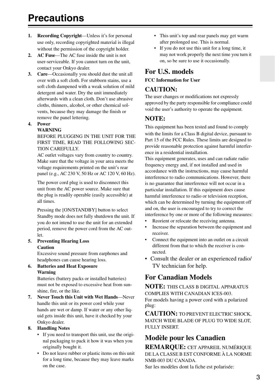 Precautions, For u.s. models, For canadian models | Modèle pour les canadien, Caution, Remarque | Onkyo HTX-22HDX User Manual | Page 3 / 56