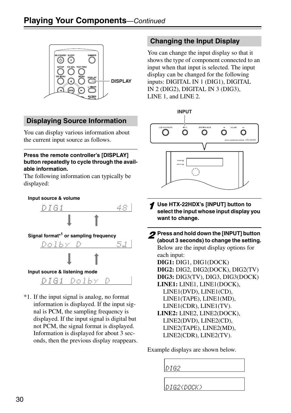 Displaying source information, Changing the input display, On (30) | Playing your components | Onkyo HTX-22HDX User Manual | Page 30 / 56