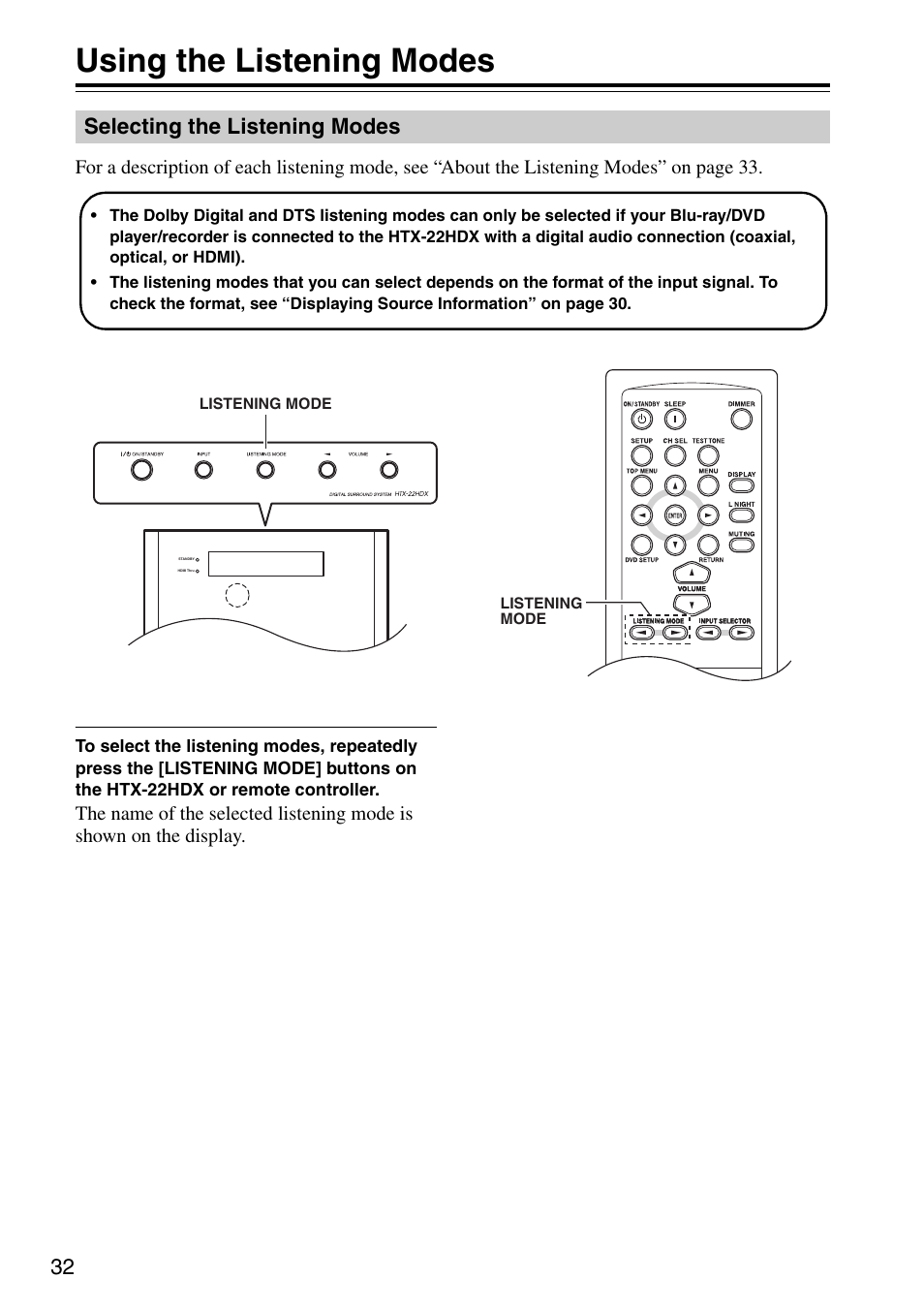 Using the listening modes, Selecting the listening modes | Onkyo HTX-22HDX User Manual | Page 32 / 56
