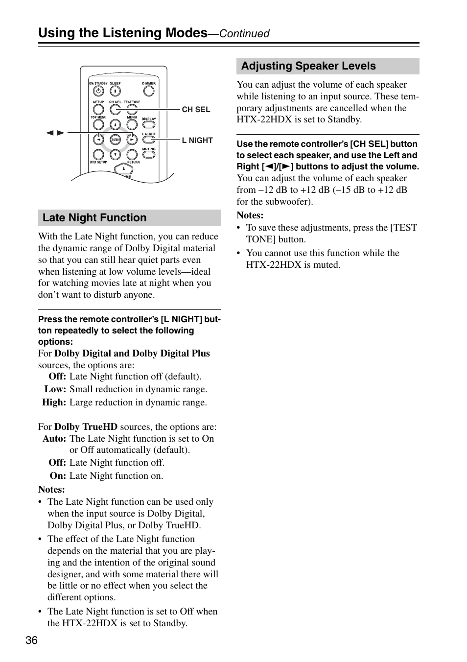 Late night function, Adjusting speaker levels, Late night function adjusting speaker levels | Tton (36), On (36), Using the listening modes | Onkyo HTX-22HDX User Manual | Page 36 / 56