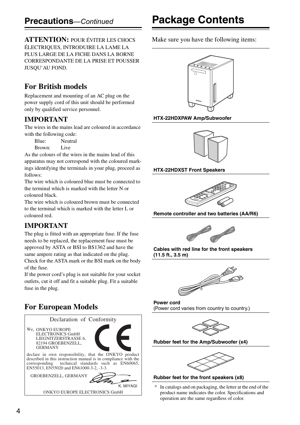 Package contents, Precautions, For british models | For european models, Continued attention, Important | Onkyo HTX-22HDX User Manual | Page 4 / 56