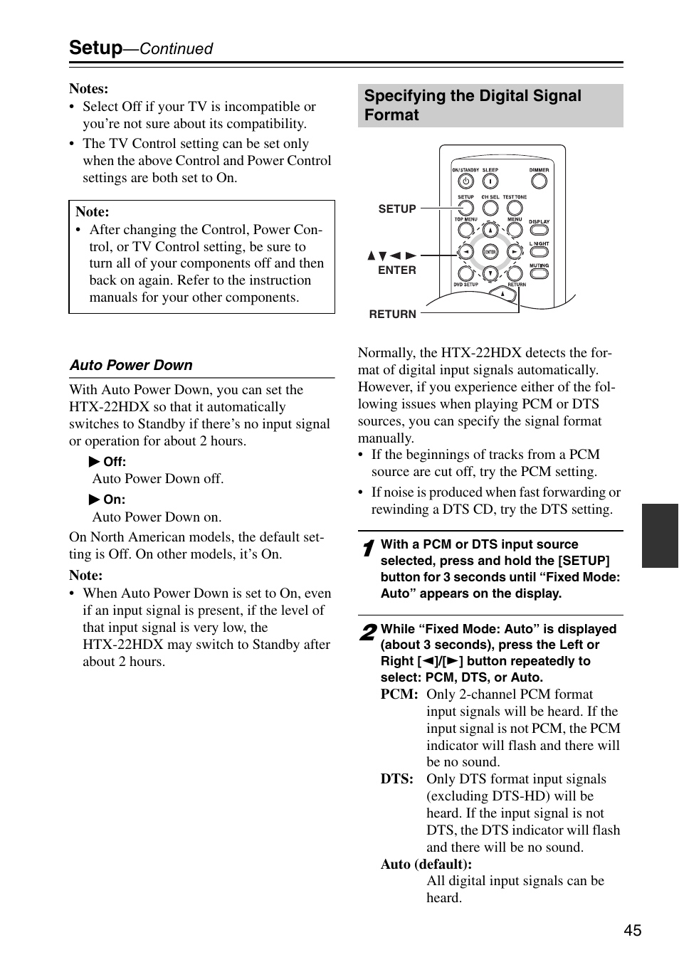 Specifying the digital signal format, Setup | Onkyo HTX-22HDX User Manual | Page 45 / 56