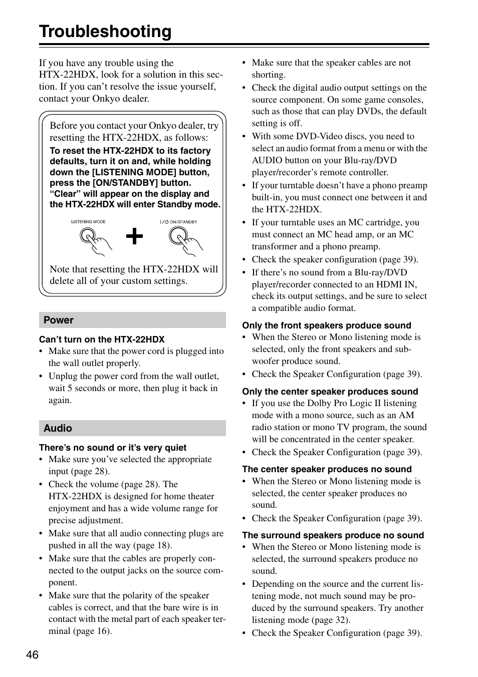 Troubleshooting | Onkyo HTX-22HDX User Manual | Page 46 / 56