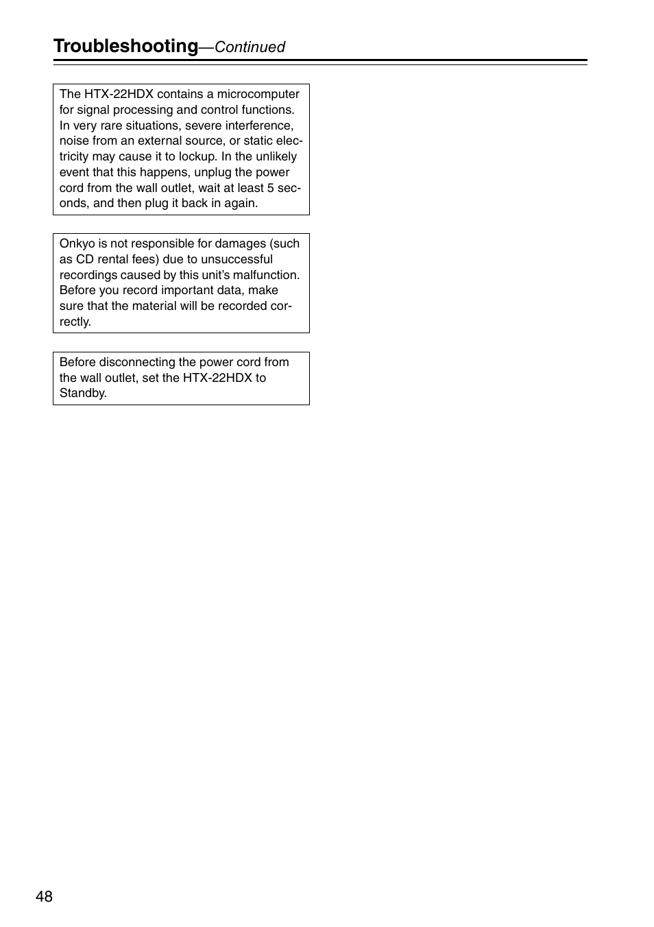 Troubleshooting | Onkyo HTX-22HDX User Manual | Page 48 / 56
