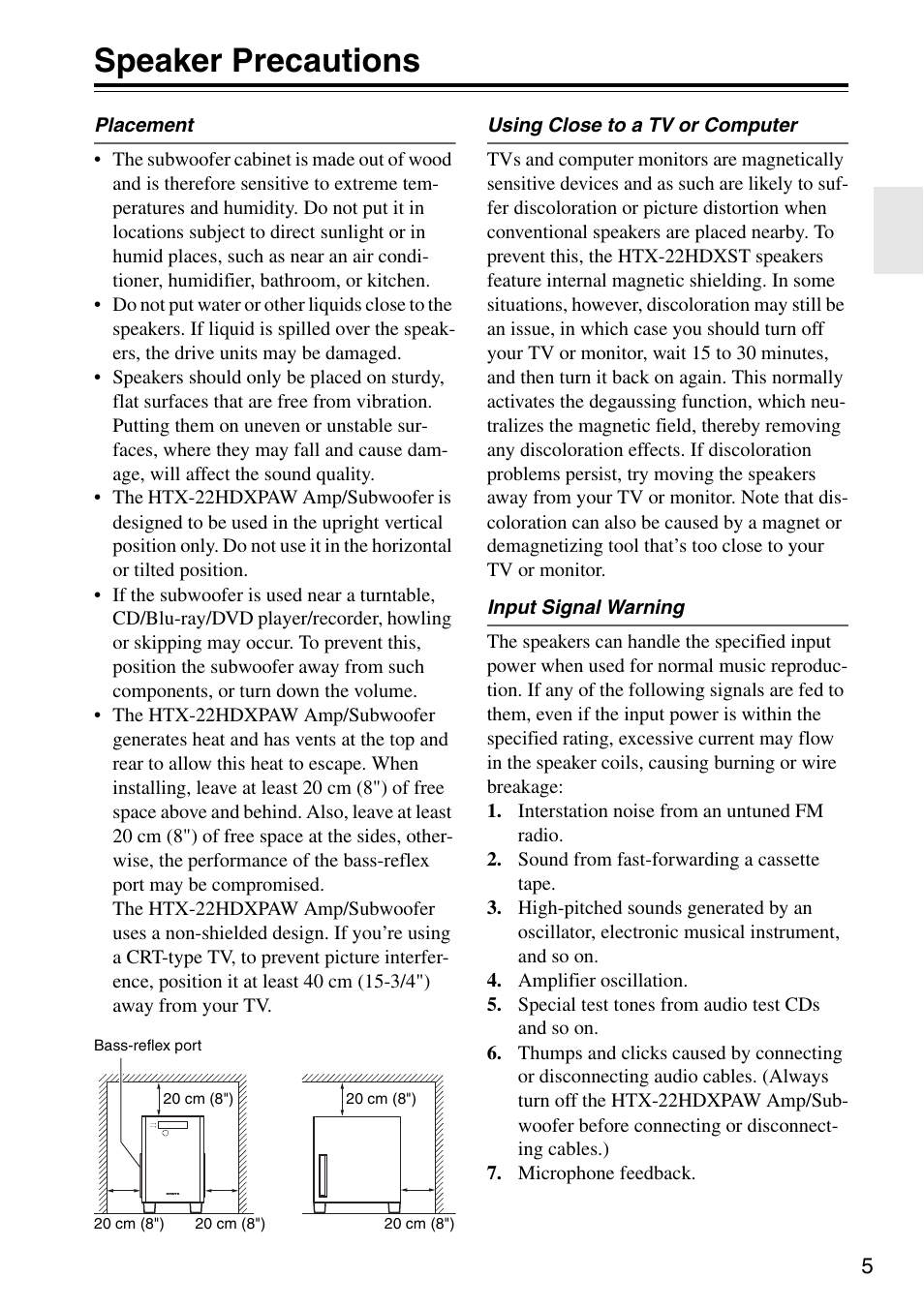 Speaker precautions | Onkyo HTX-22HDX User Manual | Page 5 / 56