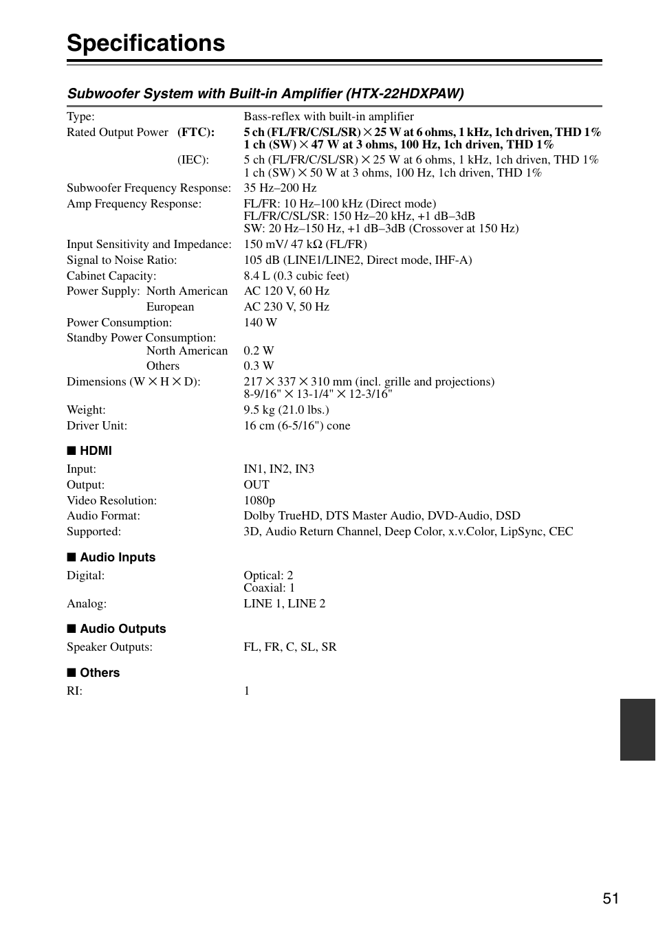 Specifications | Onkyo HTX-22HDX User Manual | Page 51 / 56