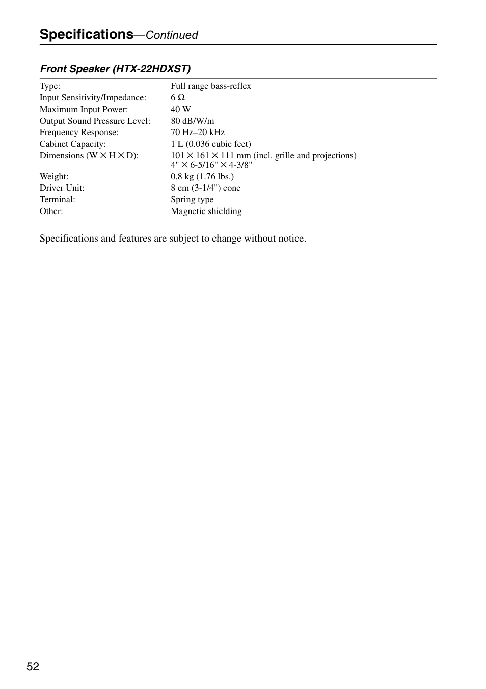 Specifications | Onkyo HTX-22HDX User Manual | Page 52 / 56