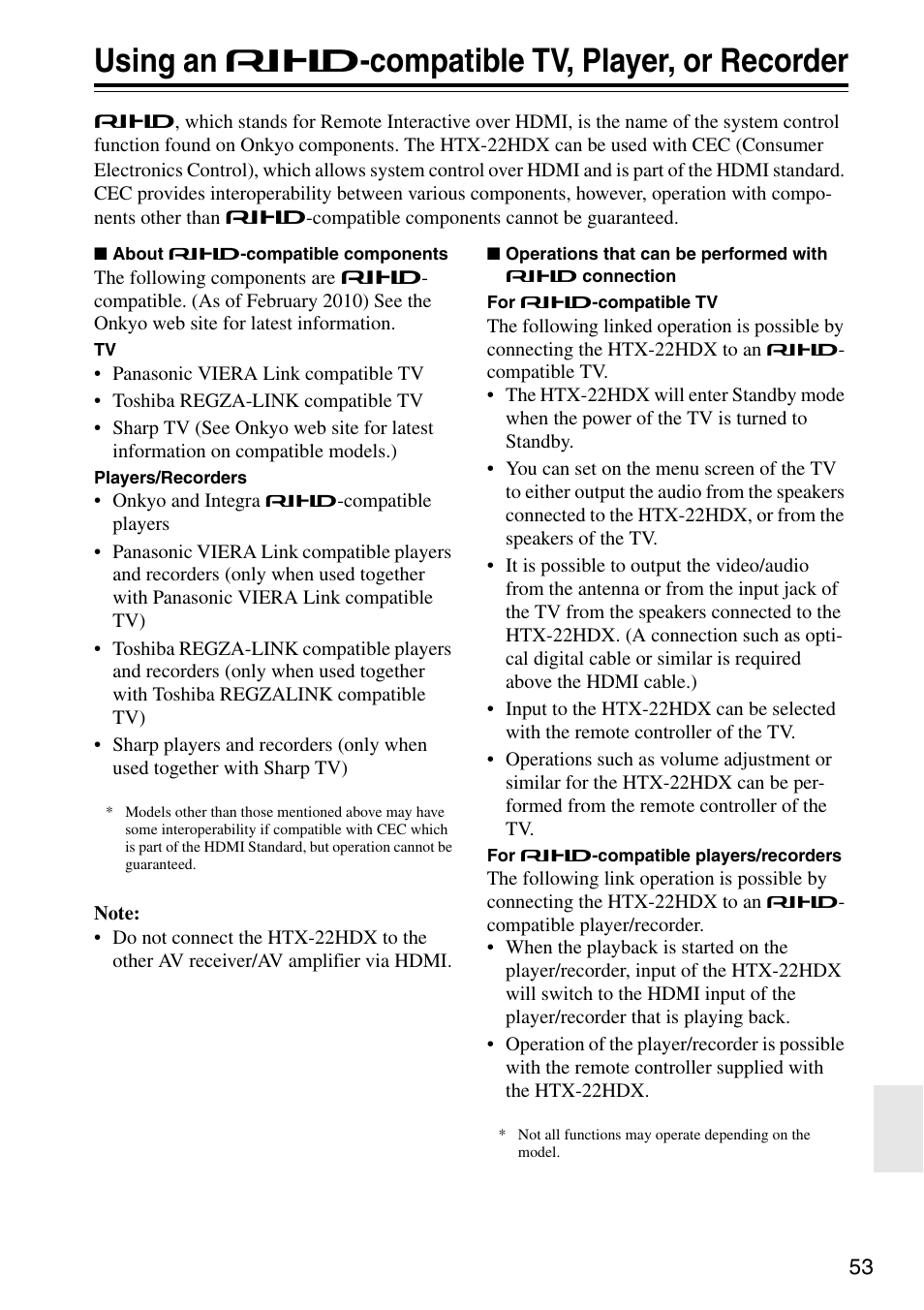 Using an e-compatible tv, player, or recorder, Using, Using an  -compatible tv | Player, or recorder, Using an  -compatible tv, player, or recorder | Onkyo HTX-22HDX User Manual | Page 53 / 56