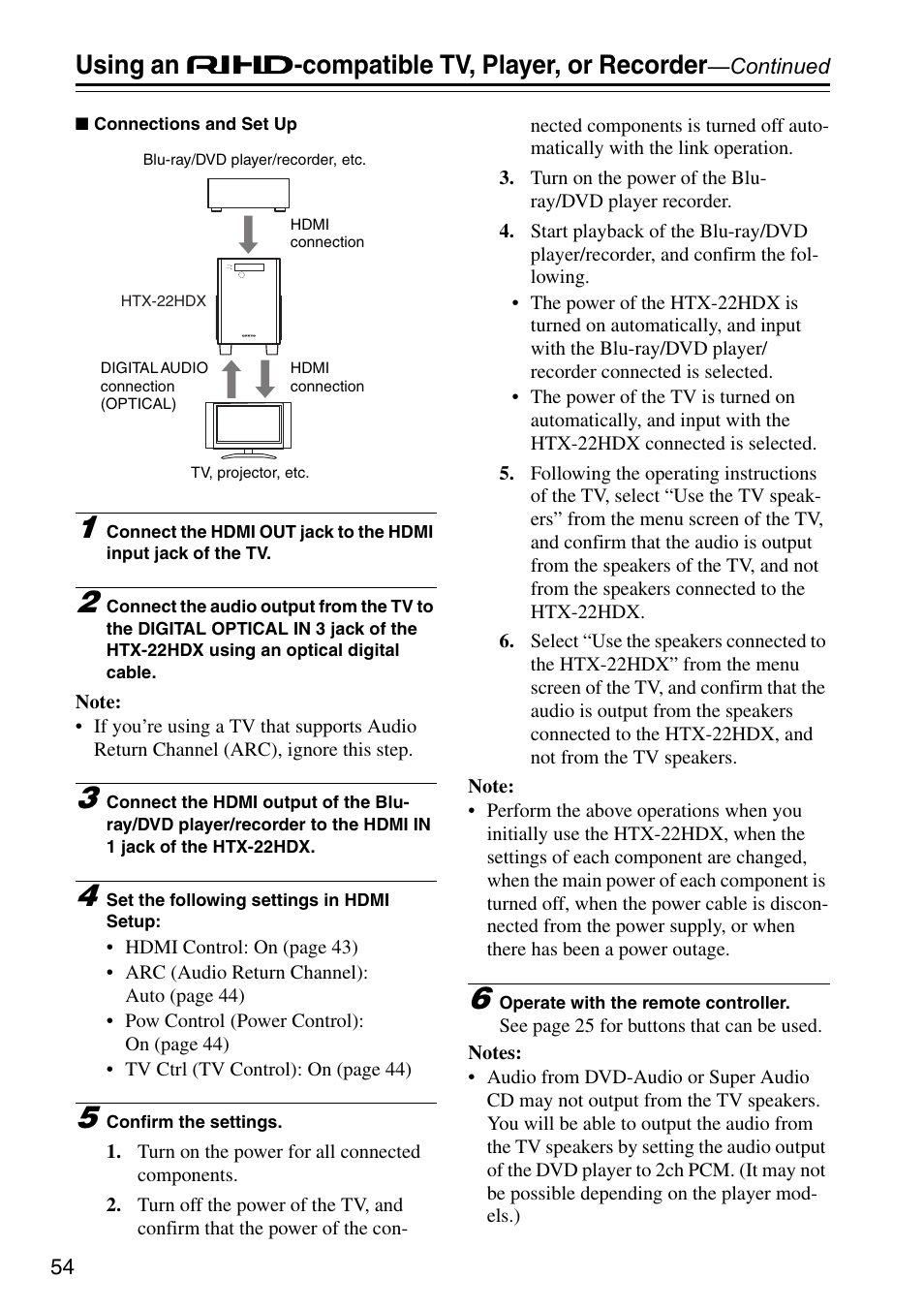 Using an  -compatible tv, player, or recorder | Onkyo HTX-22HDX User Manual | Page 54 / 56