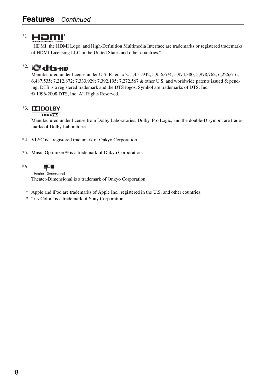 Features, Continued | Onkyo HTX-22HDX User Manual | Page 8 / 56