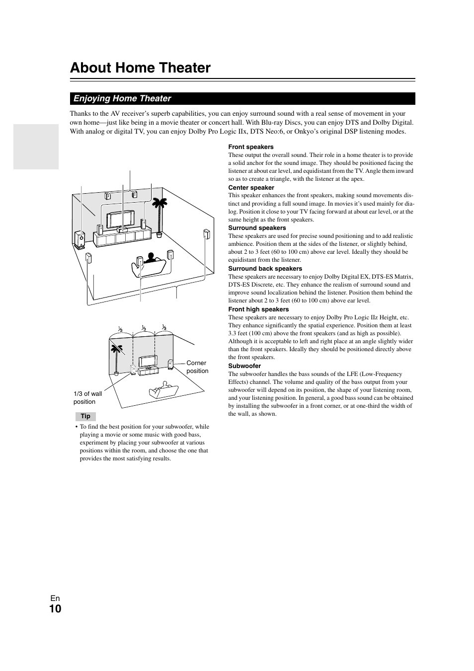 About home theater, Enjoying home theater | Onkyo TX-SR508 User Manual | Page 10 / 64