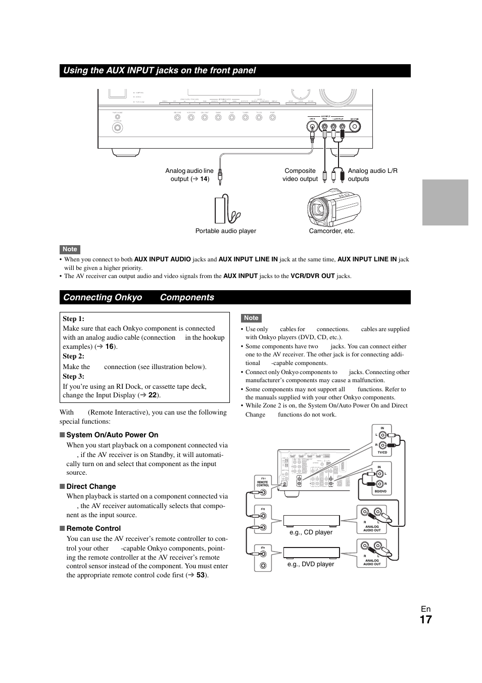 Using the aux input jacks on the front panel, Connecting onkyo ri components | Onkyo TX-SR508 User Manual | Page 17 / 64