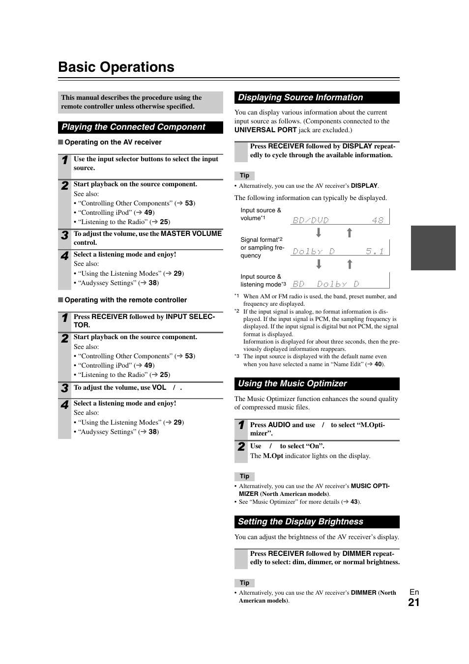 Basic operations, Playing the connected component, Displaying source information | Using the music optimizer, Setting the display brightness, Models), Tton | Onkyo TX-SR508 User Manual | Page 21 / 64
