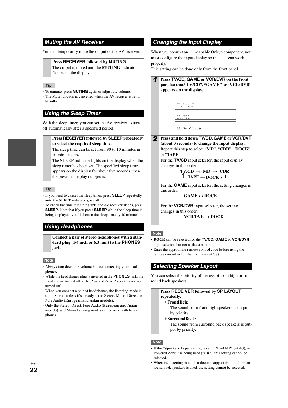 Muting the av receiver, Using the sleep timer, Using headphones | Changing the input display, Selecting speaker layout, Tton | Onkyo TX-SR508 User Manual | Page 22 / 64