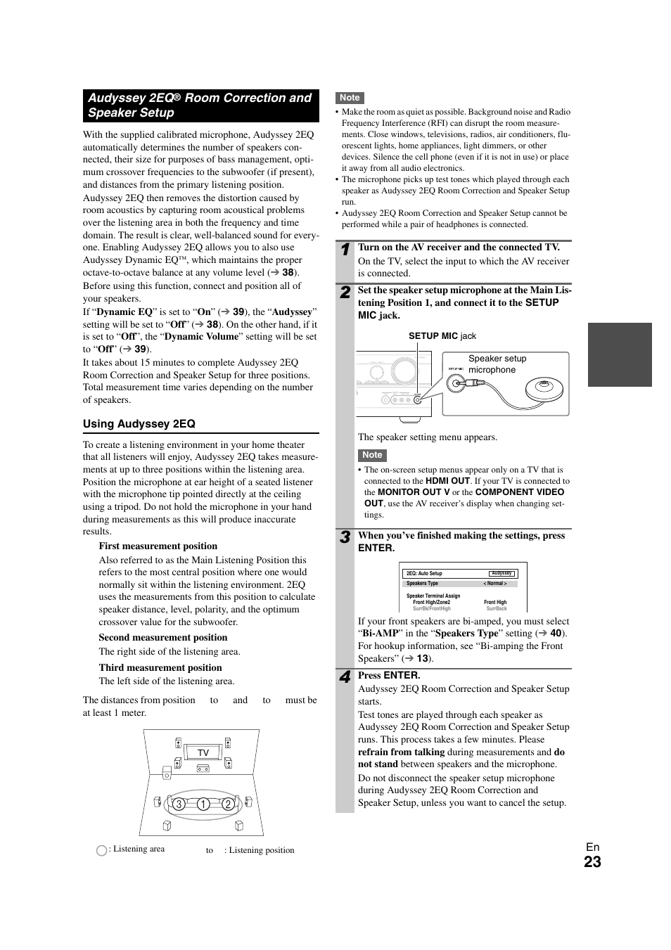 Audyssey 2eq® room correction and speaker setup, Audyssey 2eq, Cally | 23 ) or | Onkyo TX-SR508 User Manual | Page 23 / 64