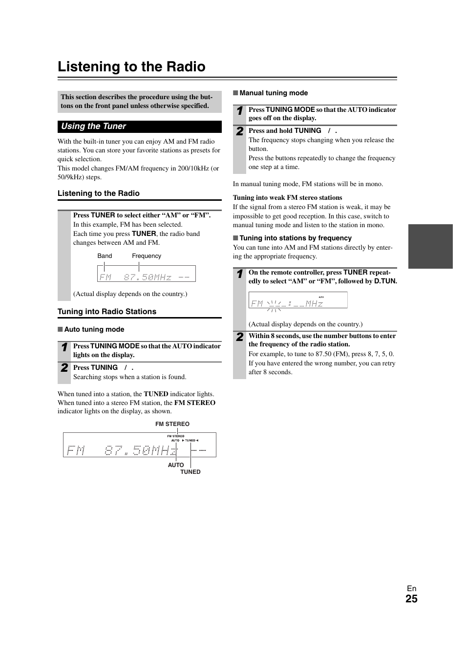 Listening to the radio, Using the tuner, Tton | Onkyo TX-SR508 User Manual | Page 25 / 64