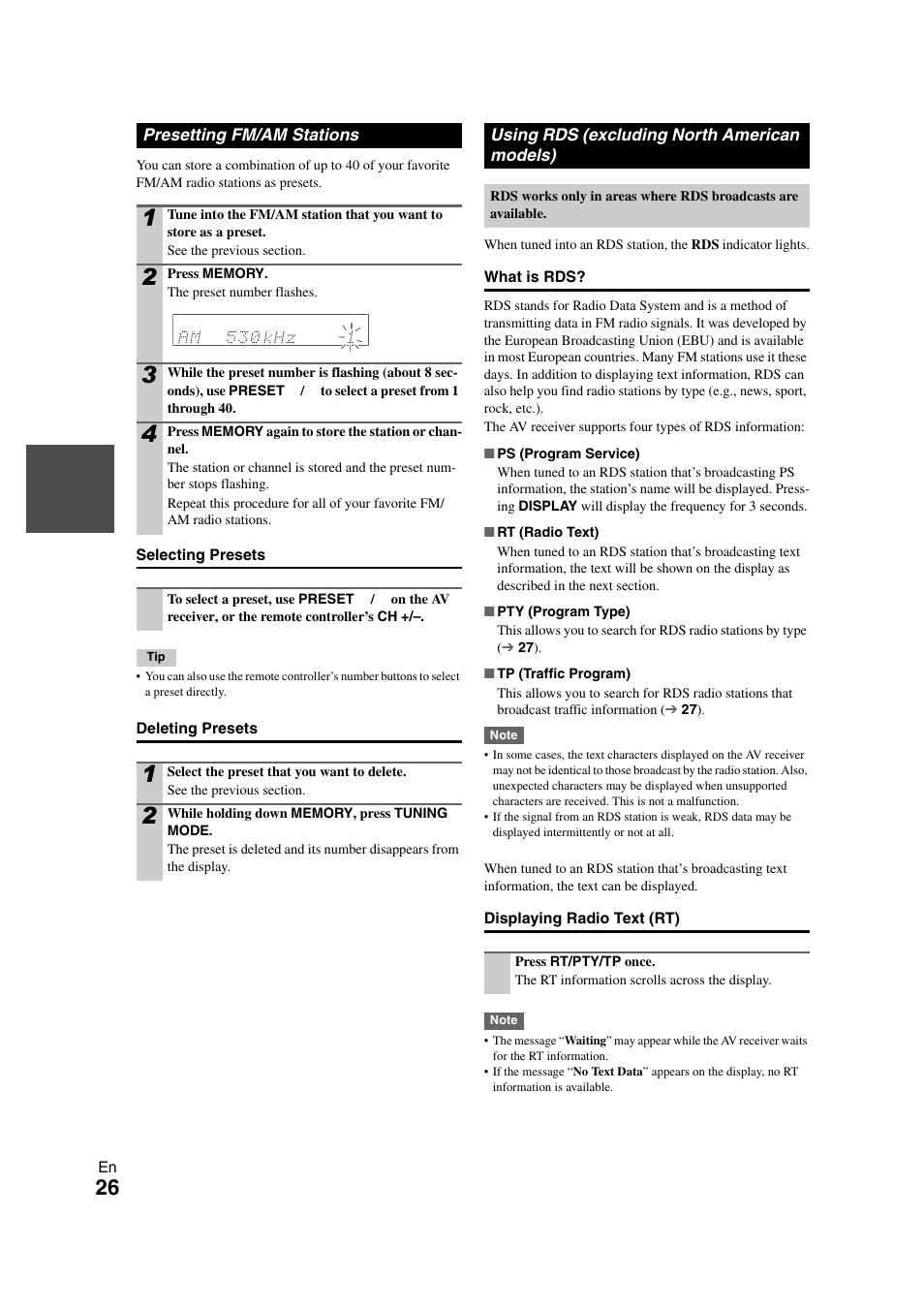 Presetting fm/am stations, Using rds (excluding north american models) | Onkyo TX-SR508 User Manual | Page 26 / 64