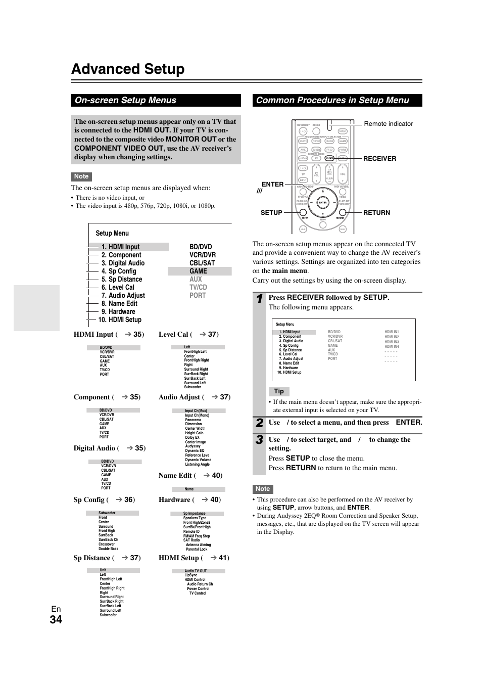 Advanced operations, Advanced setup, On-screen setup menus | Common procedures in setup menu, Tton, Ee “advanced setup” fo, Tails, Ee “advanced setup” for | Onkyo TX-SR508 User Manual | Page 34 / 64