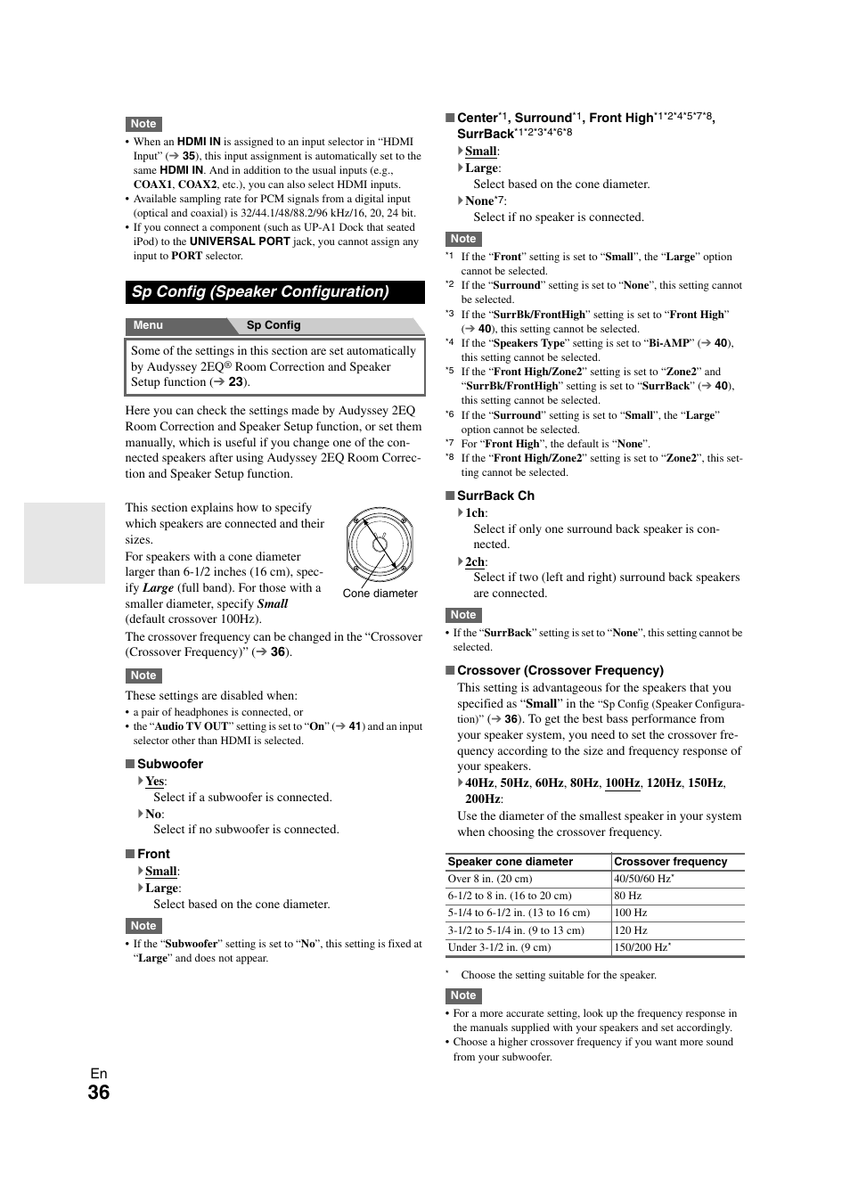 Sp config (speaker configuration) | Onkyo TX-SR508 User Manual | Page 36 / 64