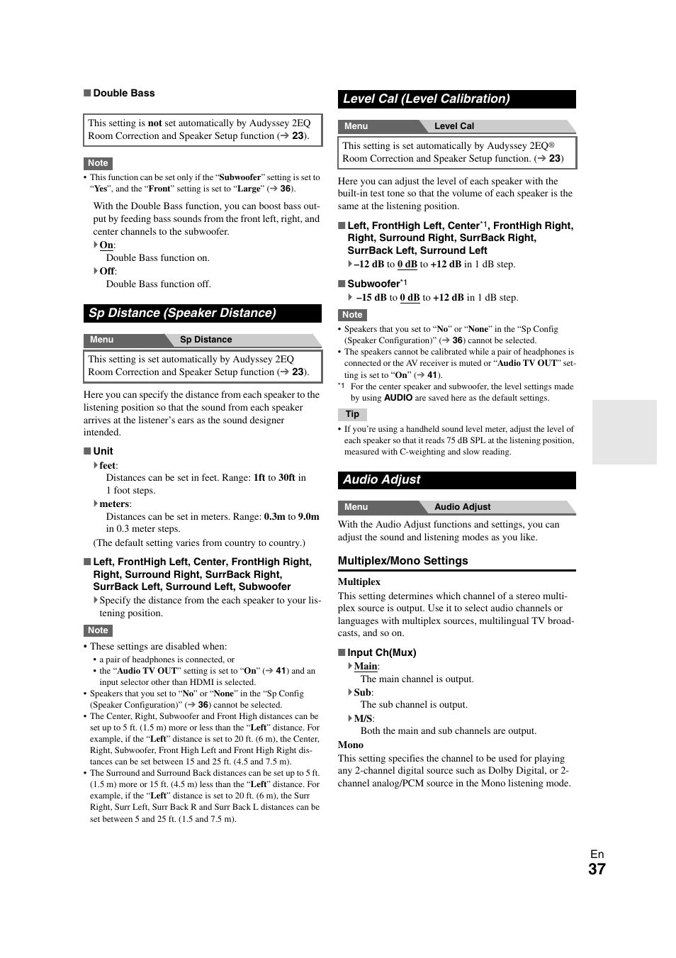 Sp distance (speaker distance), Level cal (level calibration), Audio adjust | Onkyo TX-SR508 User Manual | Page 37 / 64