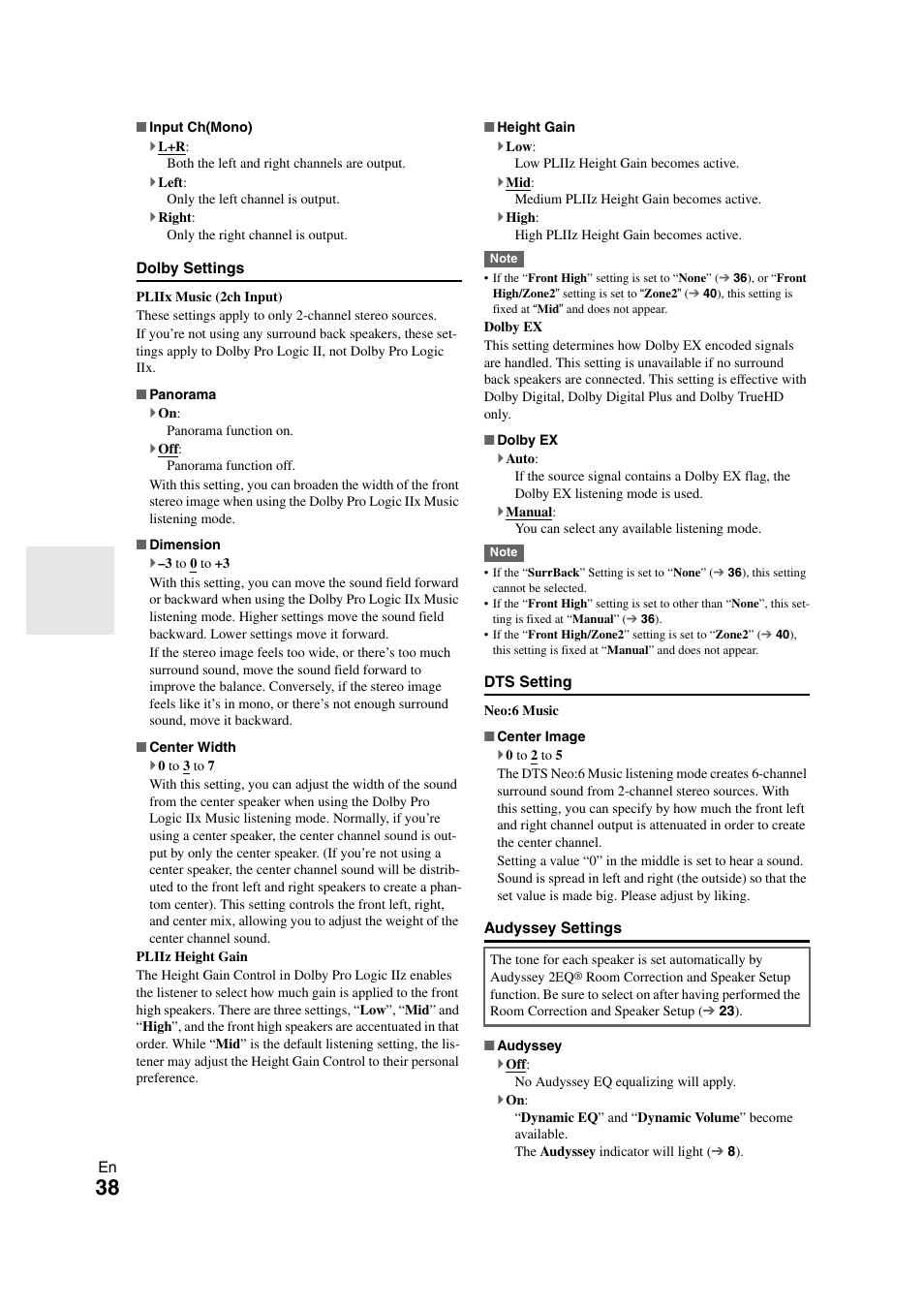 Audyssey settings | Onkyo TX-SR508 User Manual | Page 38 / 64