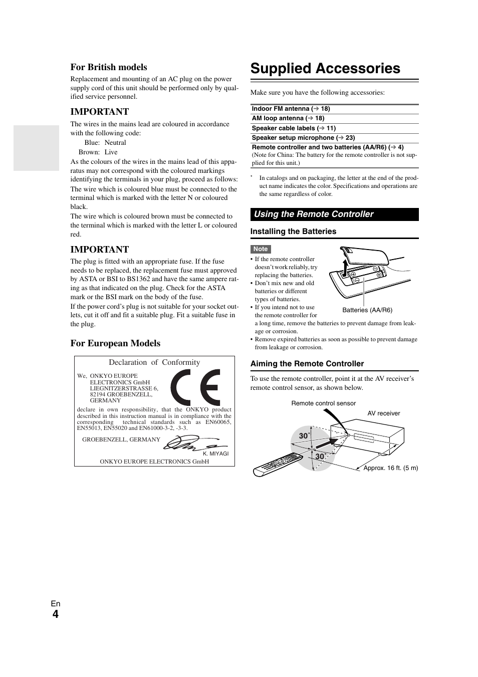 Supplied accessories, Using the remote controller, For british models | Important, For european models | Onkyo TX-SR508 User Manual | Page 4 / 64