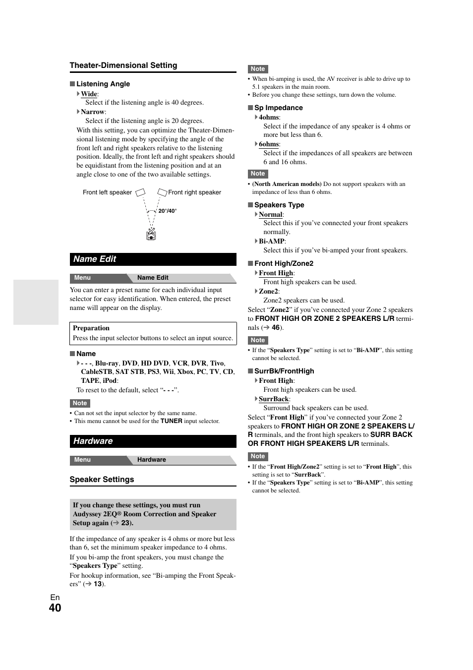Name edit, Hardware, Name edit hardware | In “name edit | Onkyo TX-SR508 User Manual | Page 40 / 64