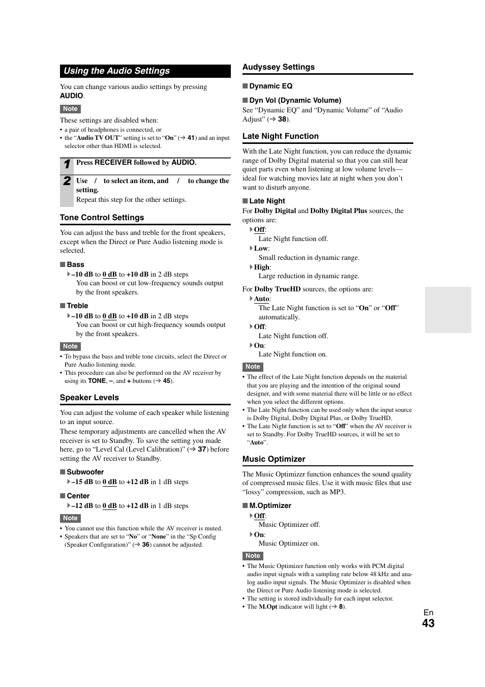 Using the audio settings, Ee “music optimizer | Onkyo TX-SR508 User Manual | Page 43 / 64