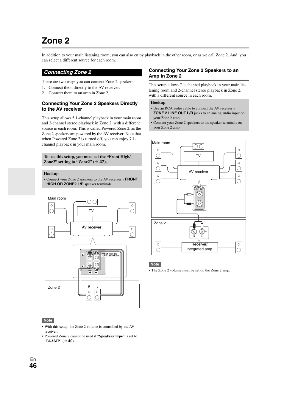 Zone 2, Connecting zone 2, Nals | Onkyo TX-SR508 User Manual | Page 46 / 64