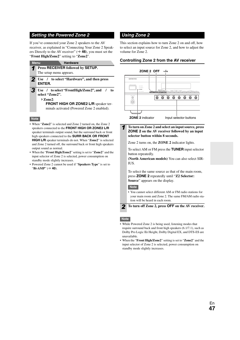 Setting the powered zone 2, Using zone 2, Setting the powered zone 2 using zone 2 | Onkyo TX-SR508 User Manual | Page 47 / 64