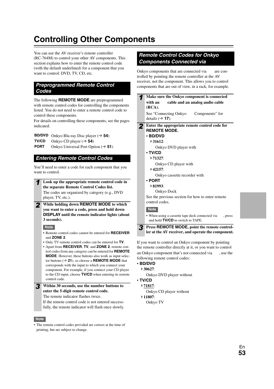 Controlling other components, Preprogrammed remote control codes, Entering remote control codes | Onkyo components connected via, E “entering remote control codes, E “entering remote control codes” f, T time, See “entering remote control codes | Onkyo TX-SR508 User Manual | Page 53 / 64