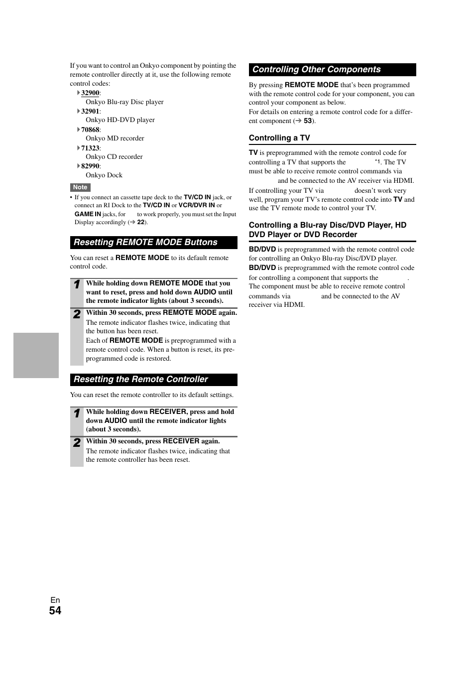 Resetting remote mode buttons, Resetting the remote controller, Controlling other components | Player | Onkyo TX-SR508 User Manual | Page 54 / 64