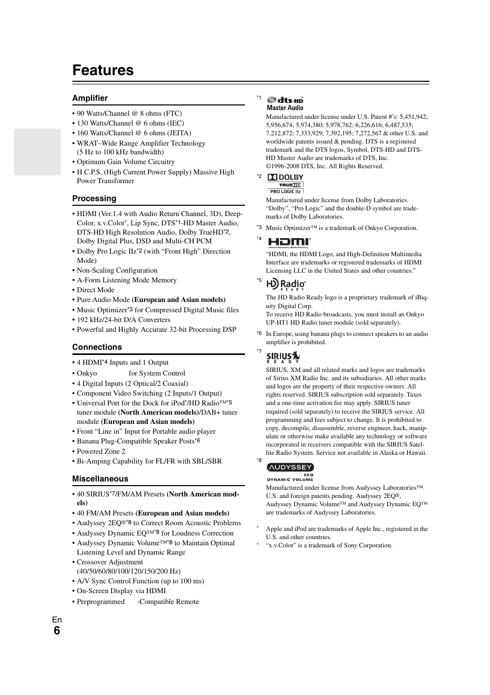 Features | Onkyo TX-SR508 User Manual | Page 6 / 64