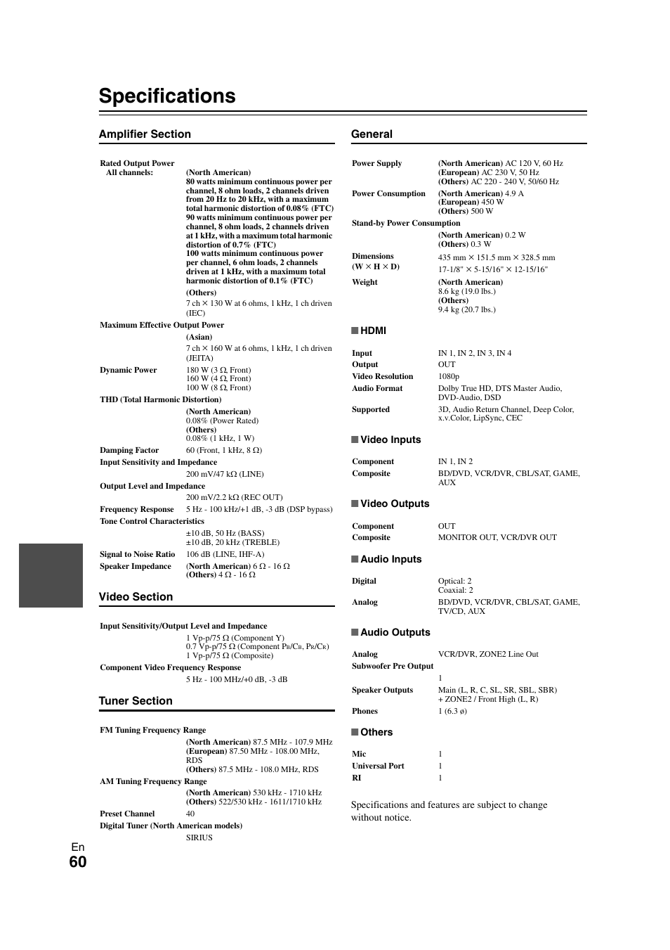 Specifications | Onkyo TX-SR508 User Manual | Page 60 / 64