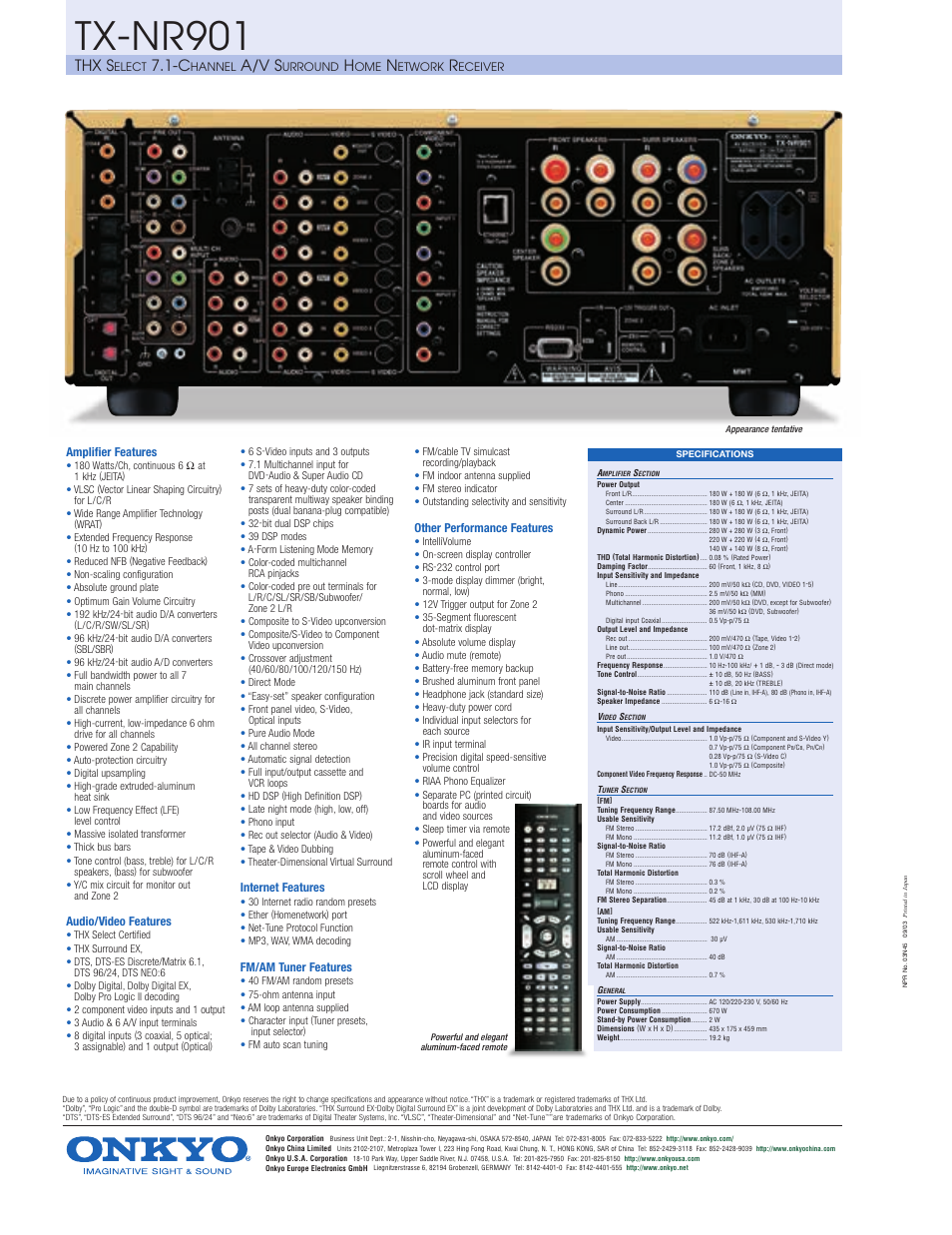 Tx-nr901, Thx s, A/v s | Onkyo TX-NR901 User Manual | Page 2 / 2