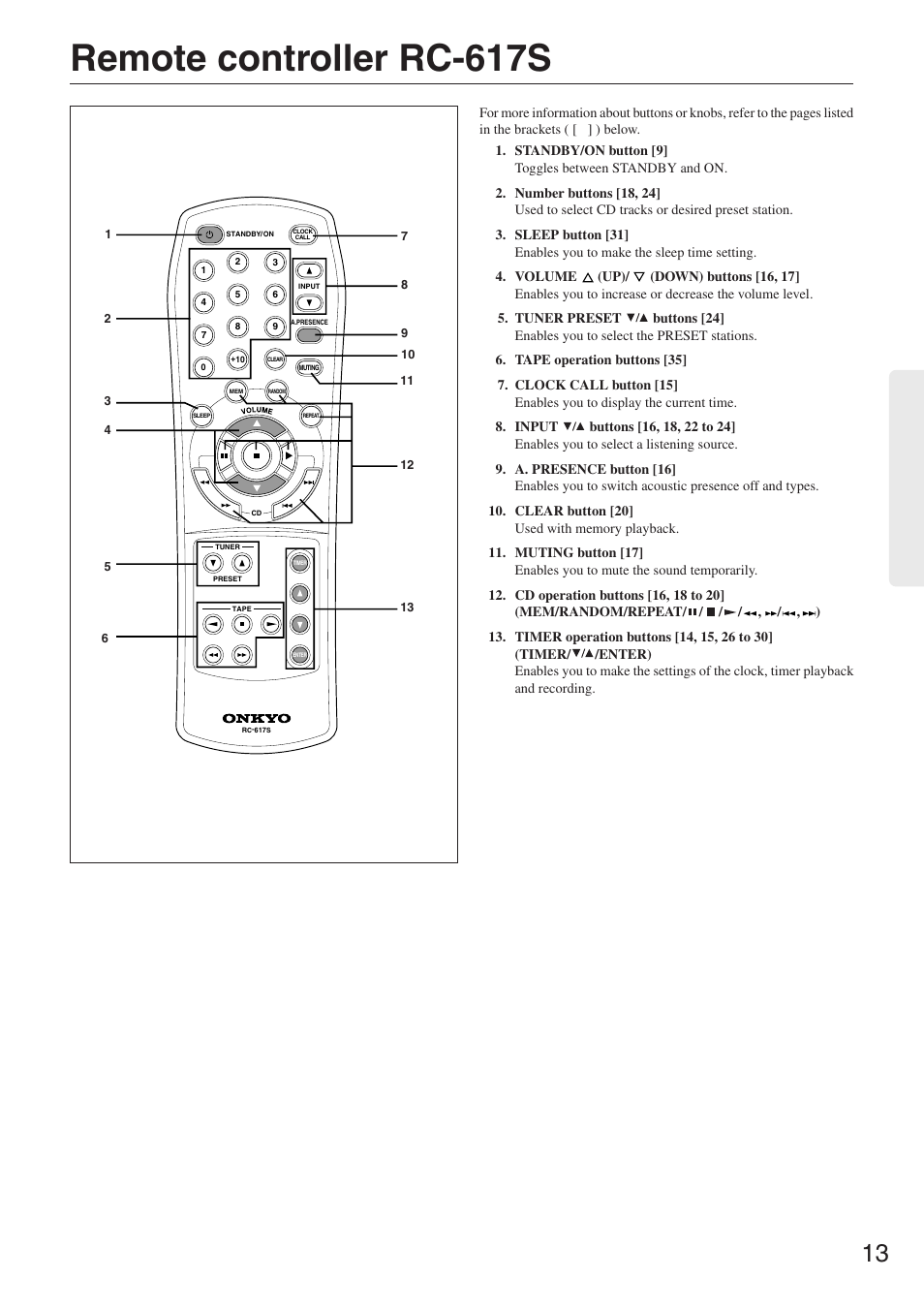 Remote controller rc-617s | Onkyo CR-305FX User Manual | Page 13 / 36