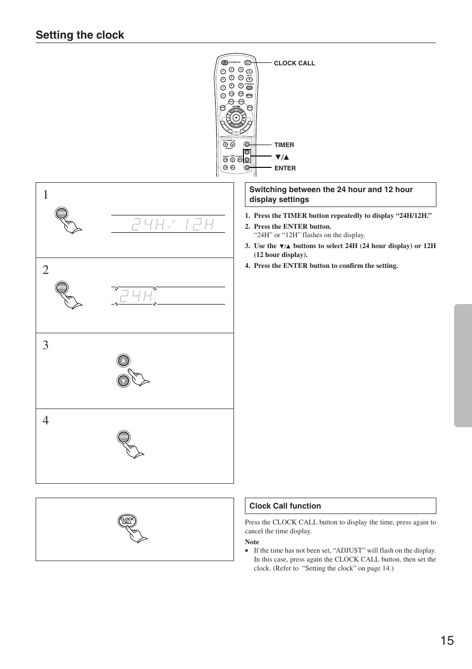 Setting the clock, Clock call function | Onkyo CR-305FX User Manual | Page 15 / 36