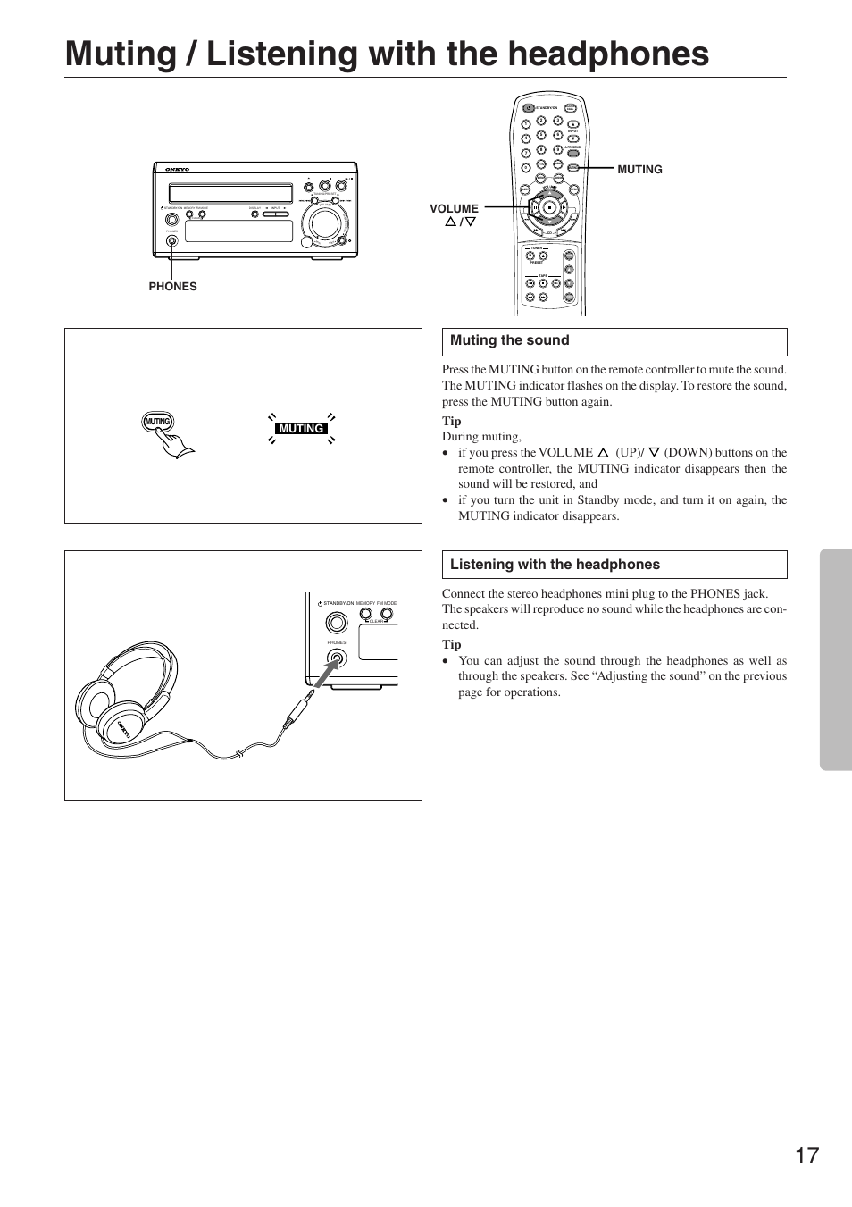 Muting / listening with the headphones, Listening with the headphones, Muting the sound | Muting, Phones, Volume | Onkyo CR-305FX User Manual | Page 17 / 36